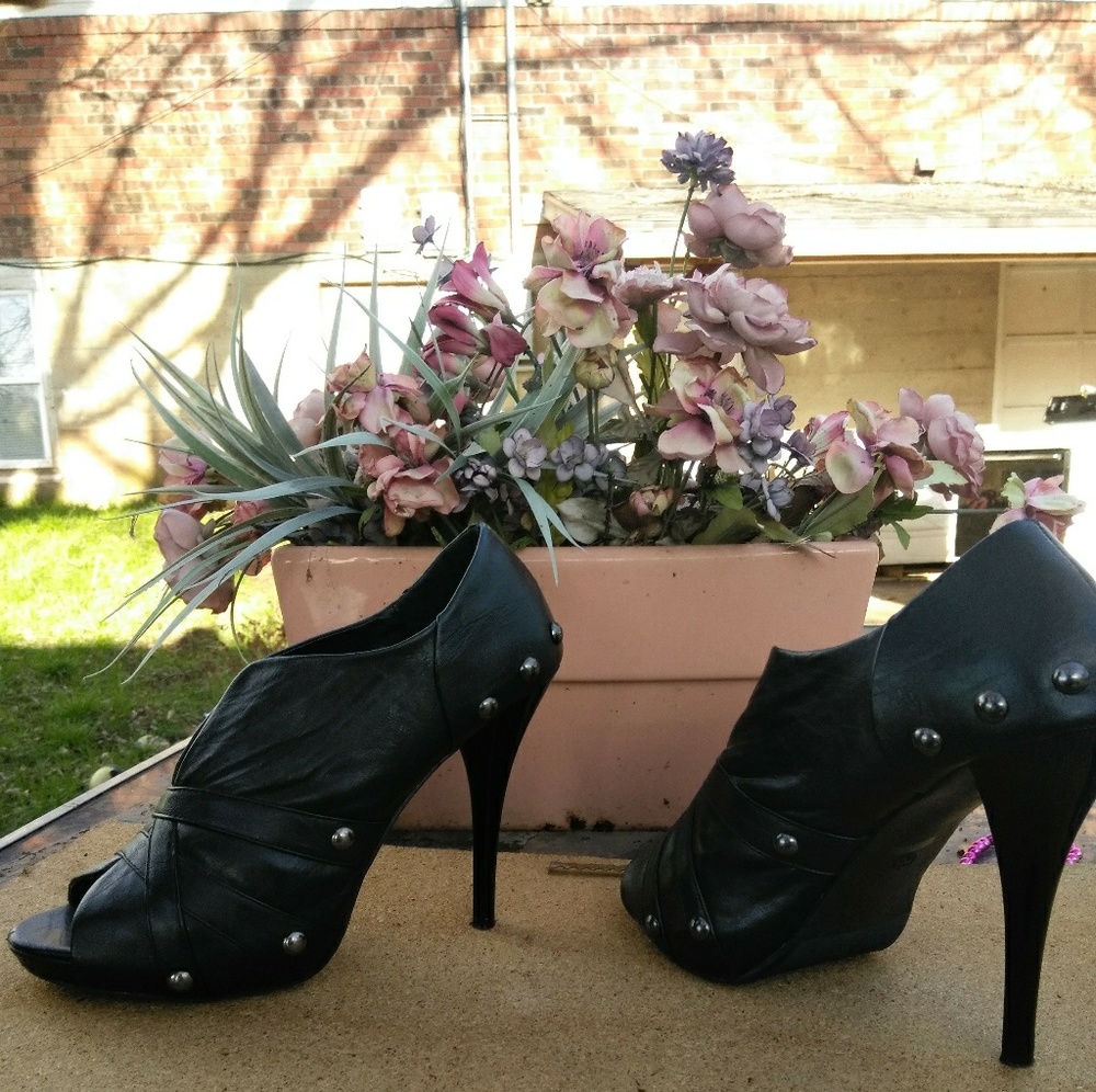 Black leather high heels